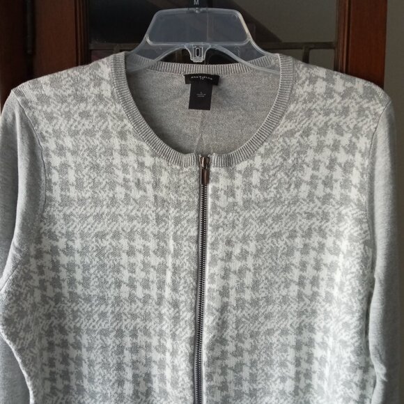 Ann Taylor zip front houndstooth front grey sweater cartigan sz L EUC  /B5 - Picture 4 of 7